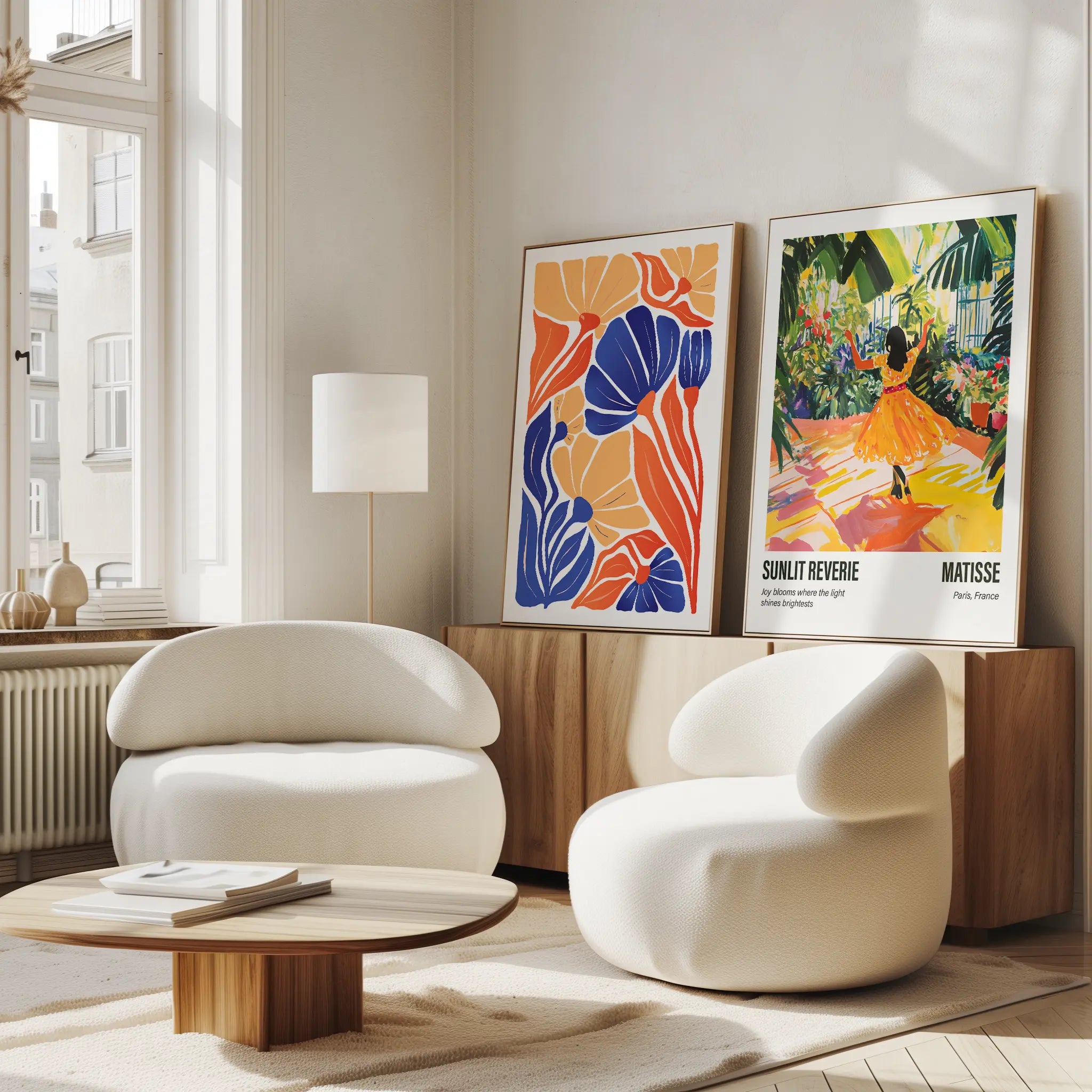 Cozy modern interior with Henri Matisse-inspired posters, featuring bold abstract floral art and a vibrant garden scene, highlighting Matisse wall art and decor.