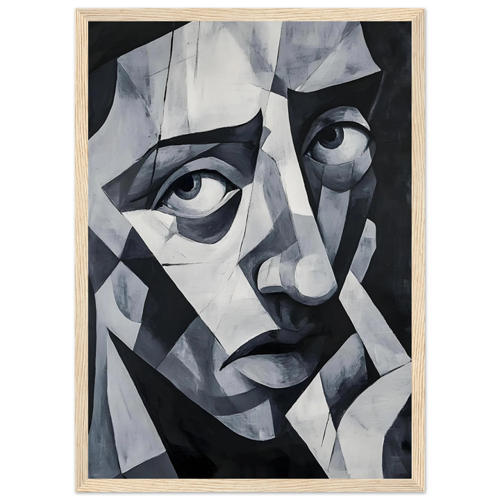 Picasso-inspired cubist portrait in black and white, framed in warm wood for a timeless and introspective look.