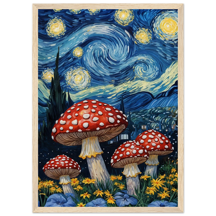 Starry Mushrooms in a warm wood frame, ideal for earthy or fantasy-inspired interiors.