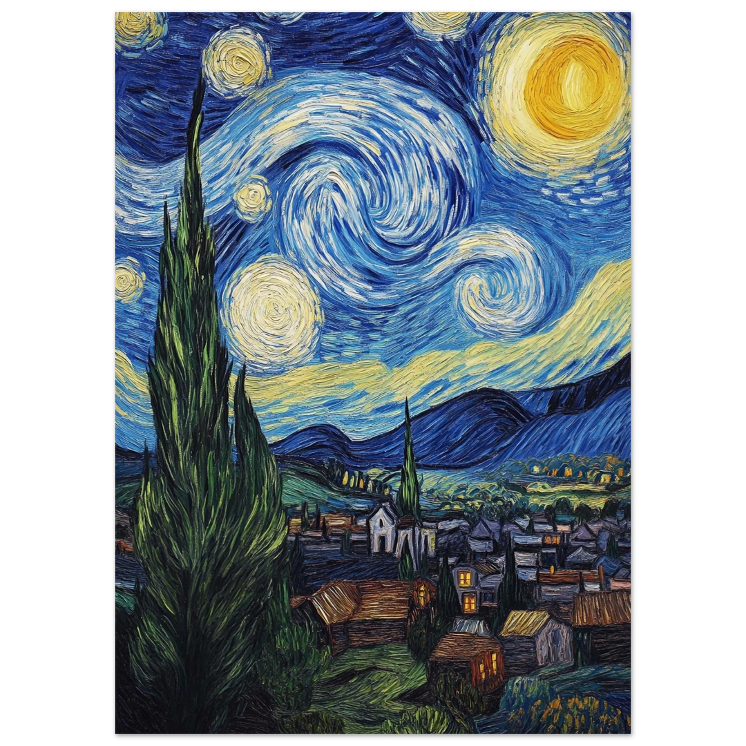 The Starry Night (1889) as an unframed print, featuring swirling stars and bold blues.