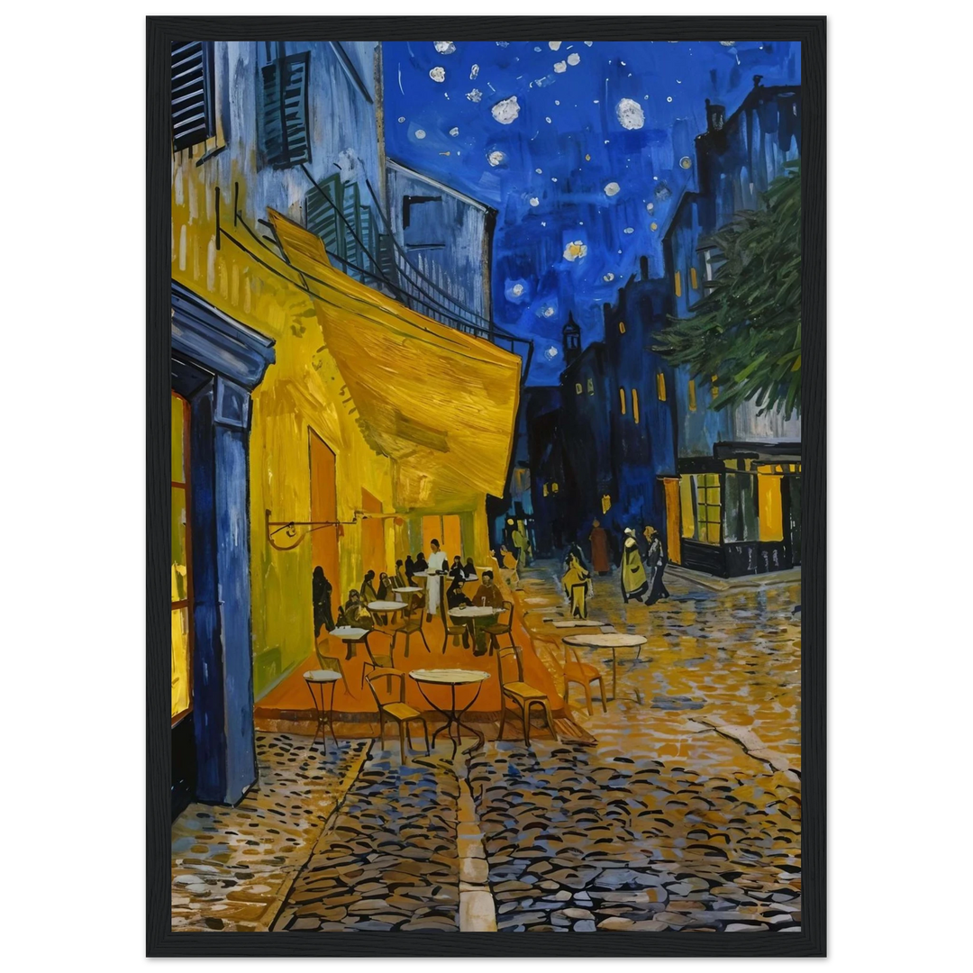 Café Terrace at Night in a black frame, bringing contrast to the golden café tones.