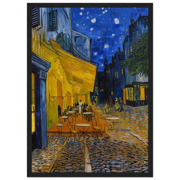 Café Terrace at Night in a black frame, bringing contrast to the golden café tones.