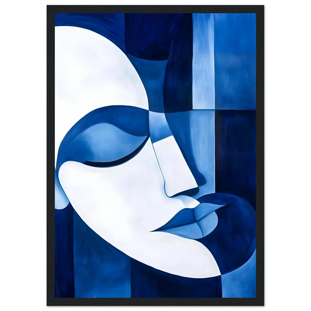 Abstract Picasso-style painting in soft blue tones, framed in black for a striking and modern effect.