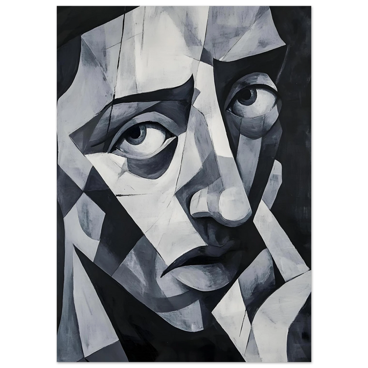 Picasso-inspired abstract portrait print in black and white, evoking solitude and deep reflection.