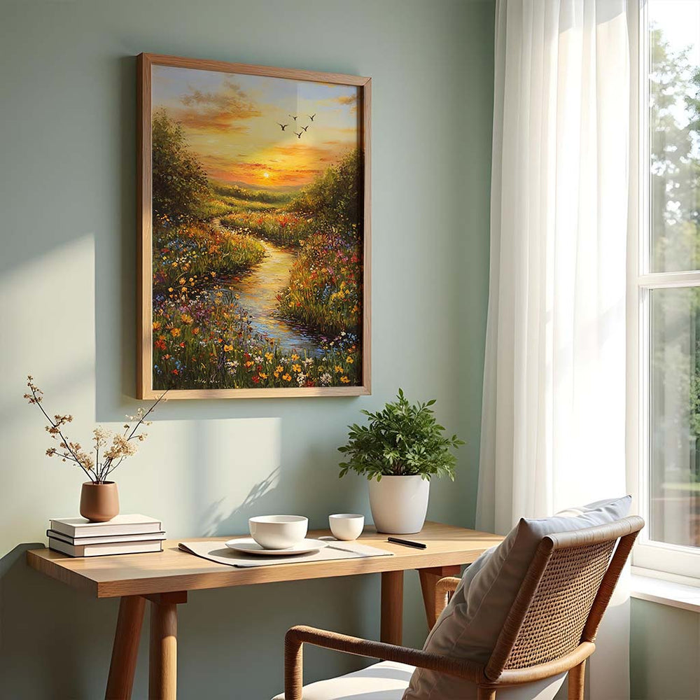 Picasso Rhythm of Euphoria poster displayed above a colorful modern chair in a cheerful, light-filled interior.