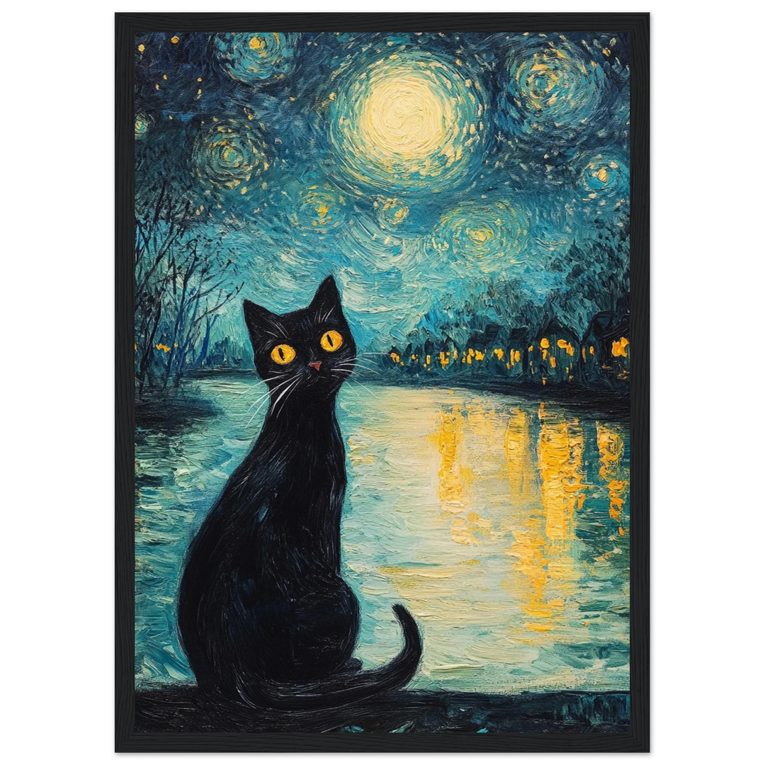 Moonlit Cat in a sleek black frame, enhancing the painting’s nighttime contrast and glowing tones.