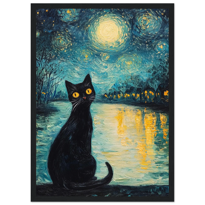 Moonlit Cat in a sleek black frame, enhancing the painting’s nighttime contrast and glowing tones.