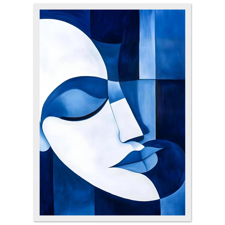 Serene blue and white cubist artwork, framed in white to enhance its tranquil and sophisticated appeal.