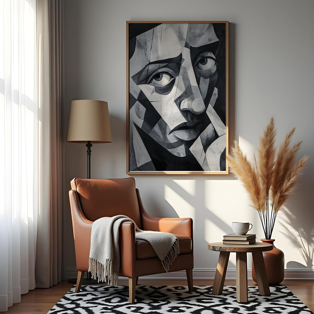 A monochrome Picasso-style cubist face artwork, adding a sense of depth and contemplation to a cozy reading nook.