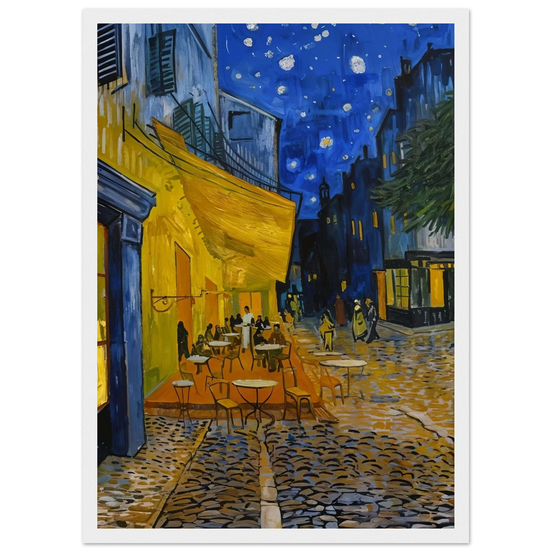 Café Terrace at Night in a white frame, adding a soft, luminous feel to the scene.