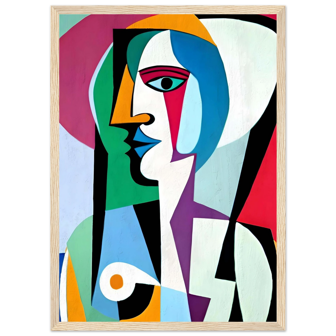 Picasso Colorful Perspective in a wood frame, bold cubist portrait with dynamic color contrasts.