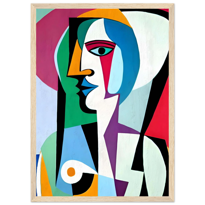 Picasso Colorful Perspective in a wood frame, bold cubist portrait with dynamic color contrasts.