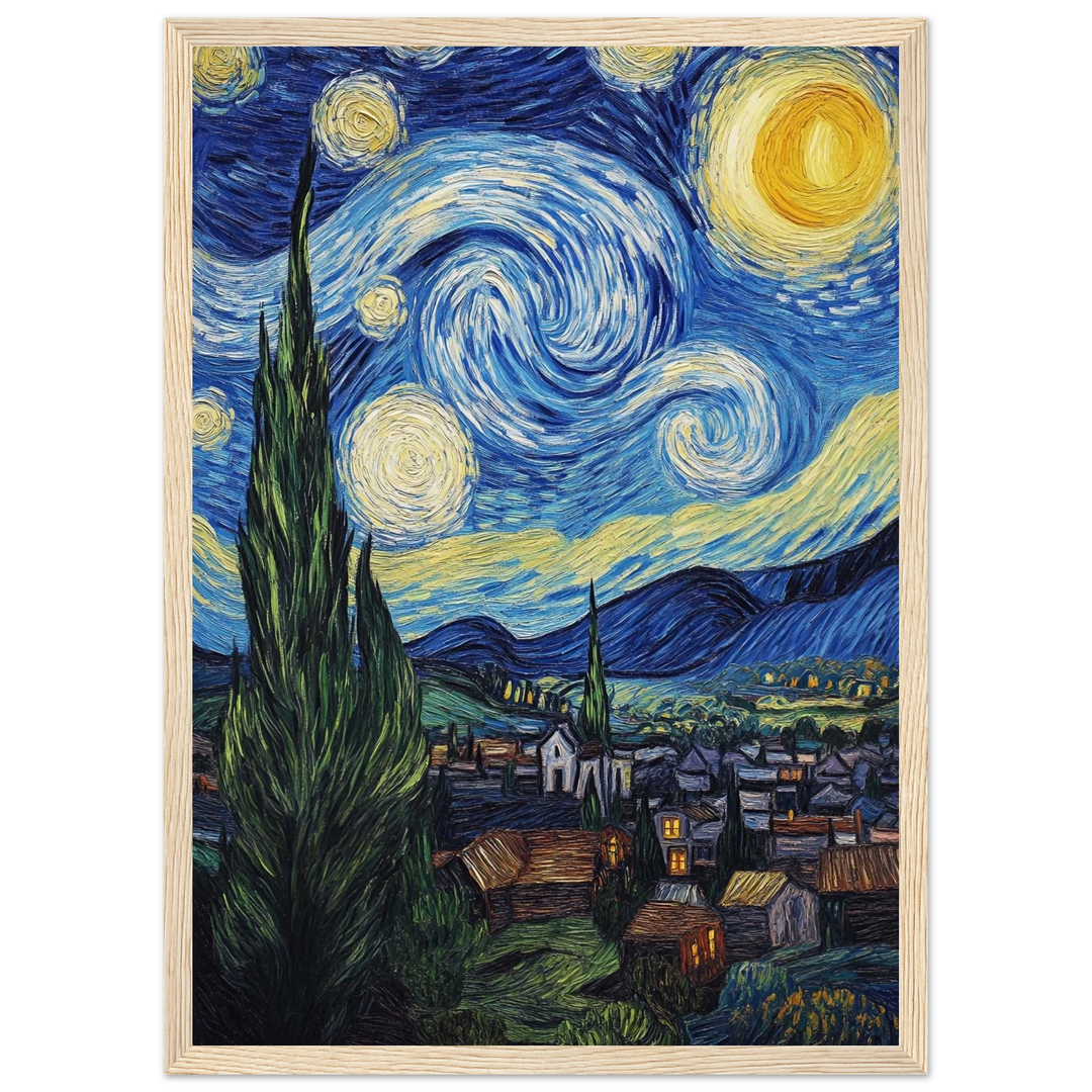  The Starry Night (1889) in a natural wooden frame, perfect for classic or artistic home settings.