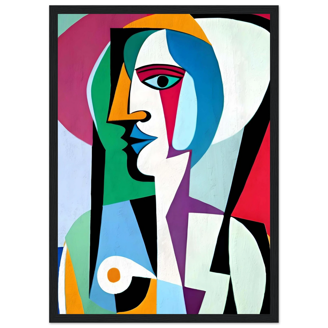 Picasso Colorful Perspective in a black frame, colorful modern face art in cubist style.