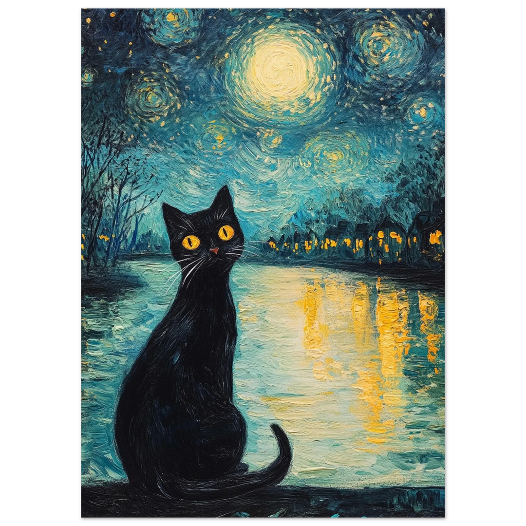 Moonlit Cat as an unframed poster, featuring a black cat gazing at a luminous river under swirling stars.