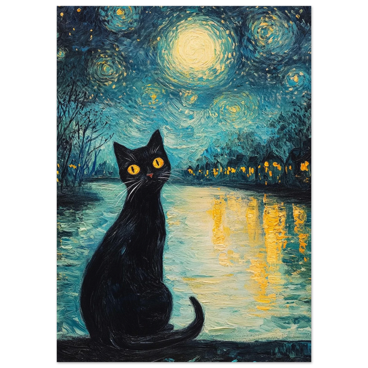 Moonlit Cat as an unframed poster, featuring a black cat gazing at a luminous river under swirling stars.