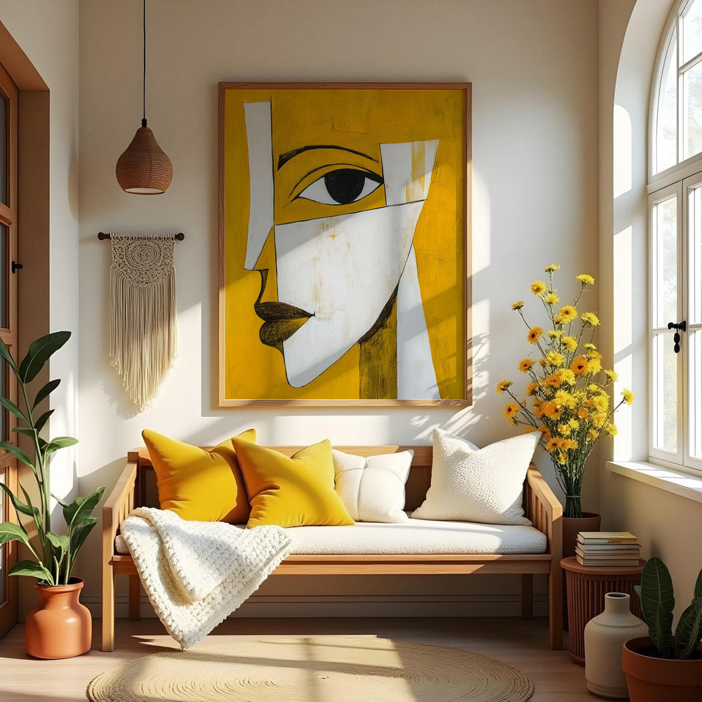 A bold Picasso-style yellow cubist portrait, adding a warm and uplifting energy to a modern bohemian space.