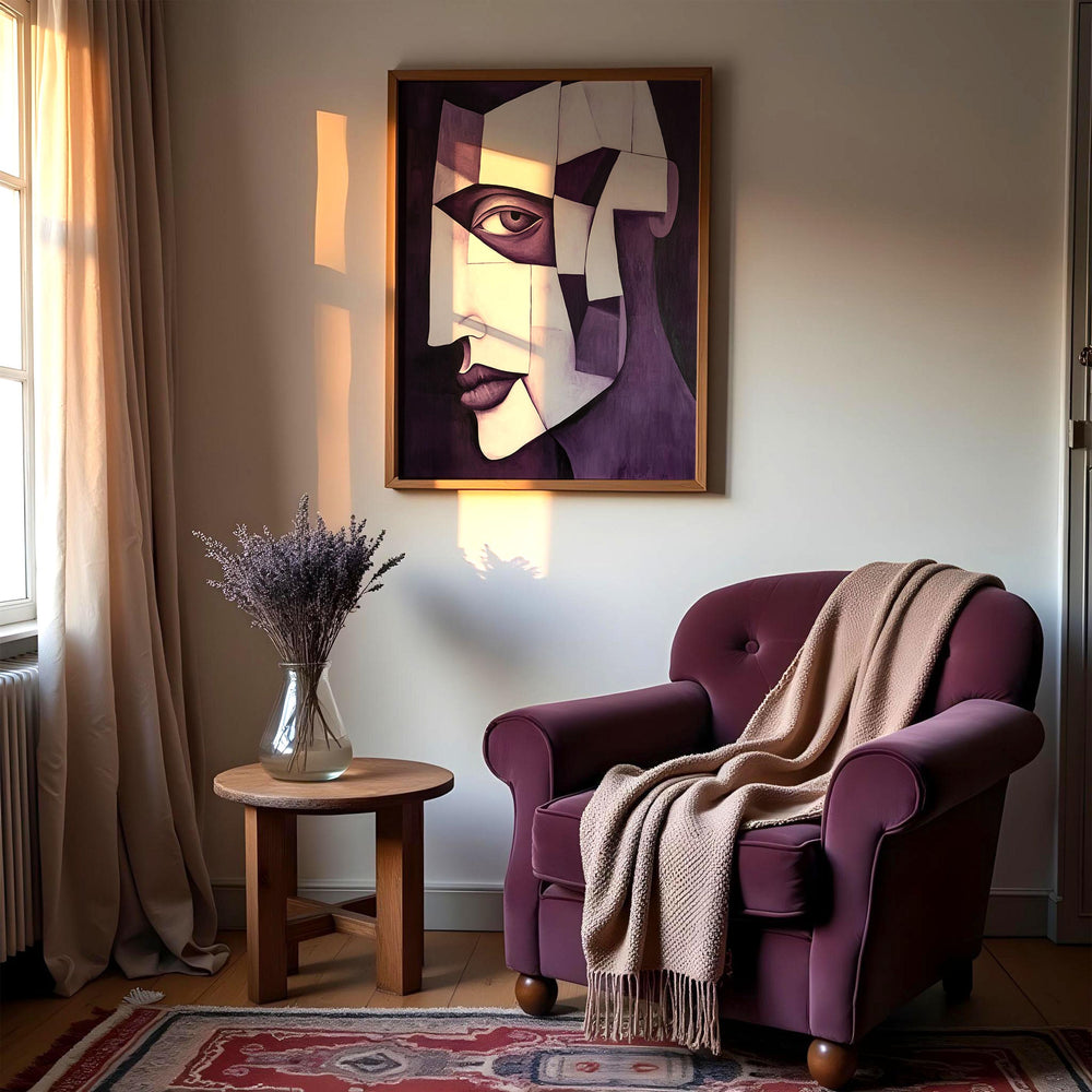 A moody Picasso-style cubist portrait in purple and white, enhancing a cozy and reflective space.