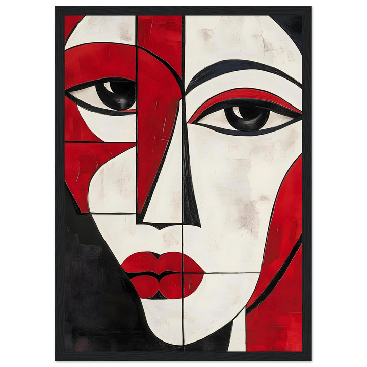 Abstract cubist painting in deep crimson and white, framed in black for a dramatic, contemporary look.