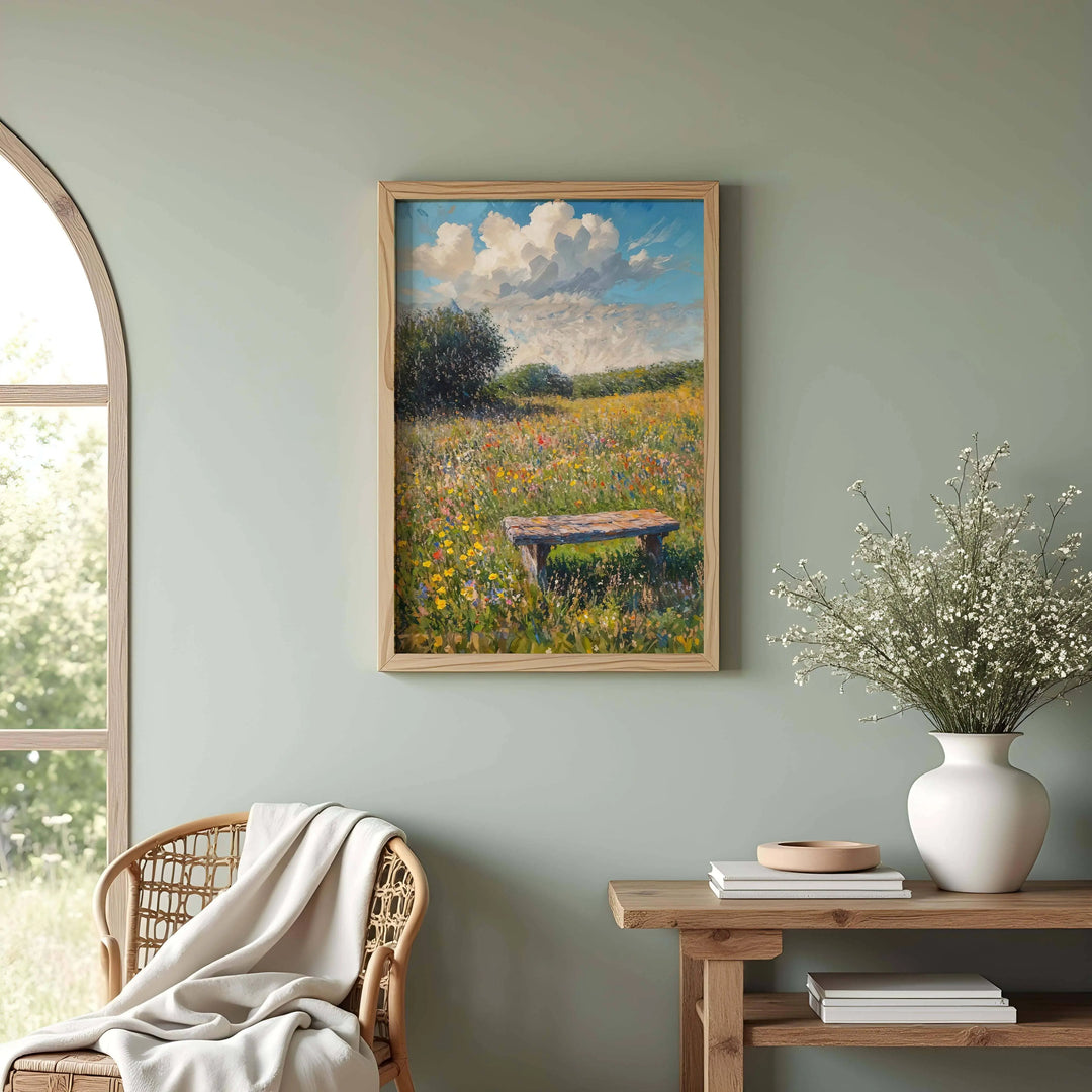 Claude Monet Bench in a Meadow framed and displayed in a tranquil, light-filled room with cozy rustic decor.