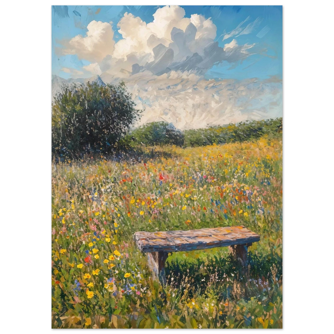 Claude Monet Bench in a Meadow as an unframed poster, showcasing peaceful nature and wildflowers.