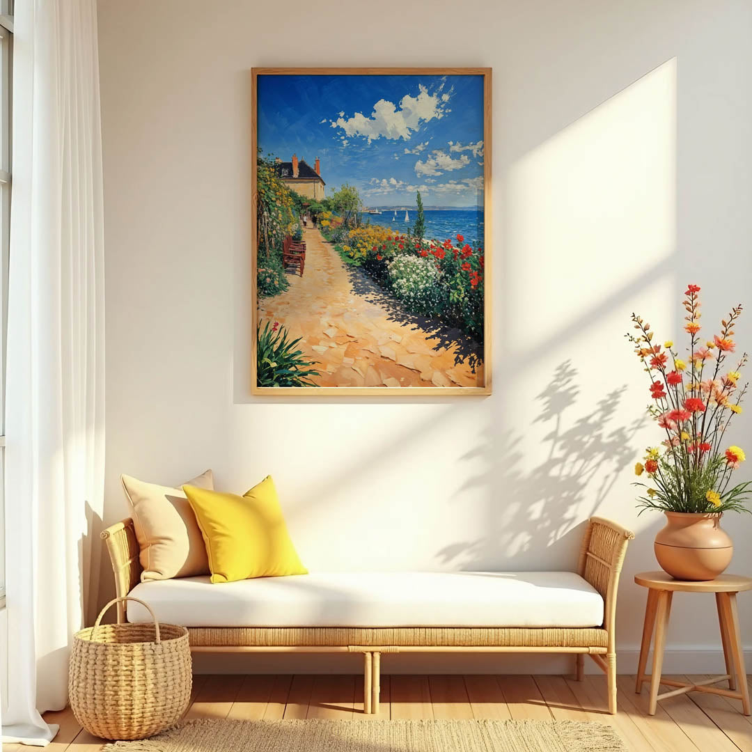 Claude Monet Coastal Garden Path framed and displayed in a light-filled space with coastal-inspired decor.