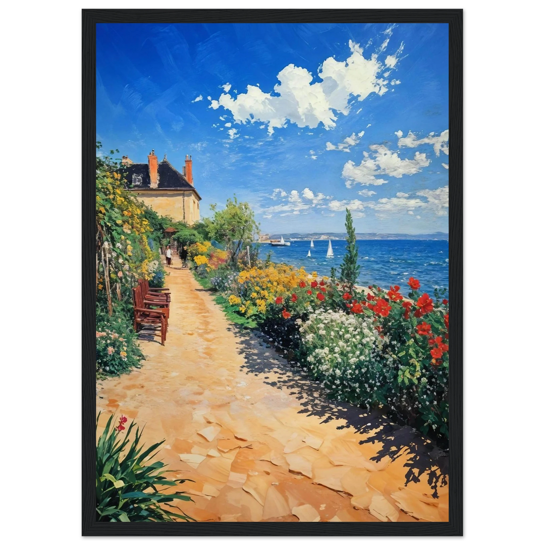 Claude Monet Coastal Garden Path in a modern black frame, perfect for a classic seaside aesthetic.