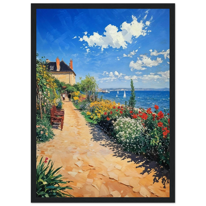 Claude Monet Coastal Garden Path in a modern black frame, perfect for a classic seaside aesthetic.