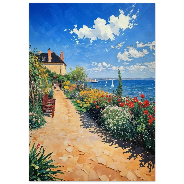 Claude Monet Coastal Garden Path as an unframed poster, showcasing a sunlit floral walkway to the ocean.