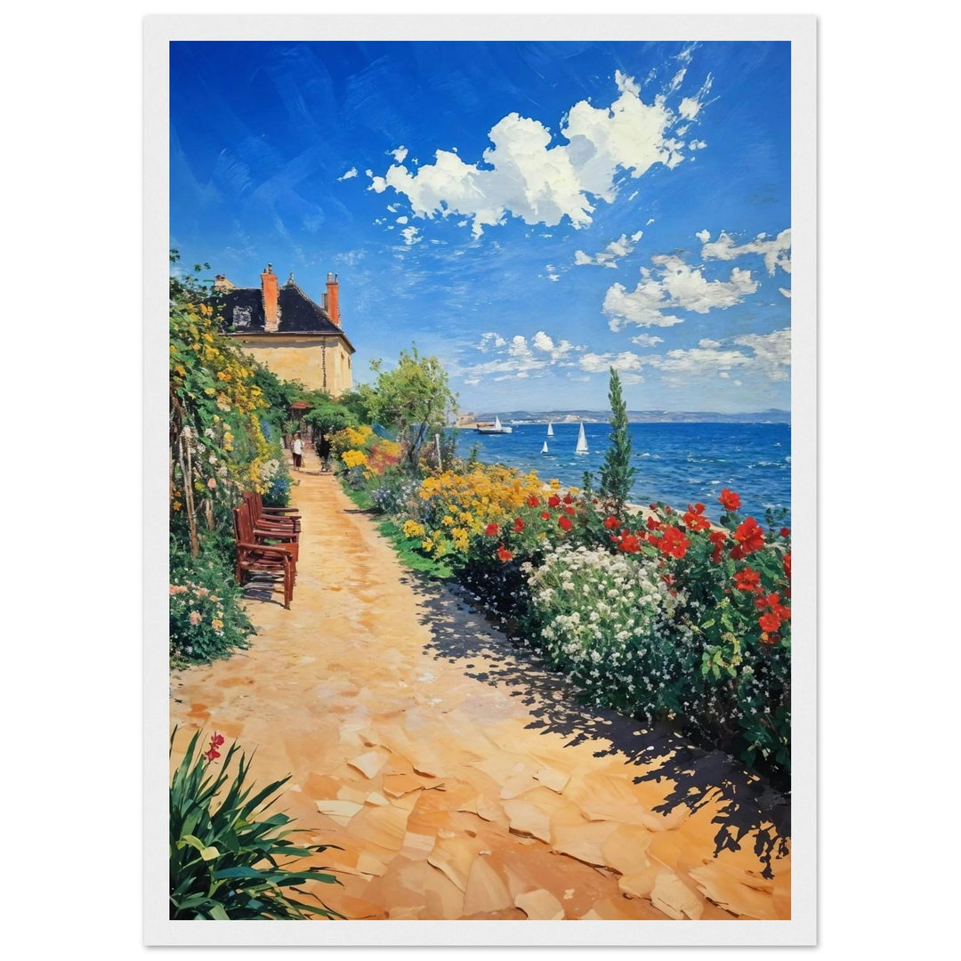 Claude Monet Coastal Garden Path in a sleek white frame, ideal for bright and airy spaces.