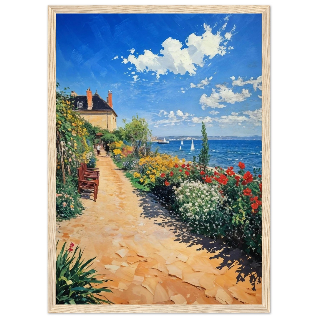 Claude Monet Coastal Garden Path in a warm wooden frame, adding warmth and charm to interiors.