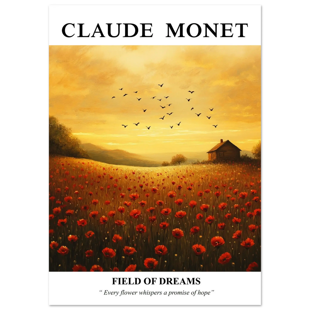  Monet painting with vibrant red poppies under a golden sky, perfect for art lovers and home decoration.