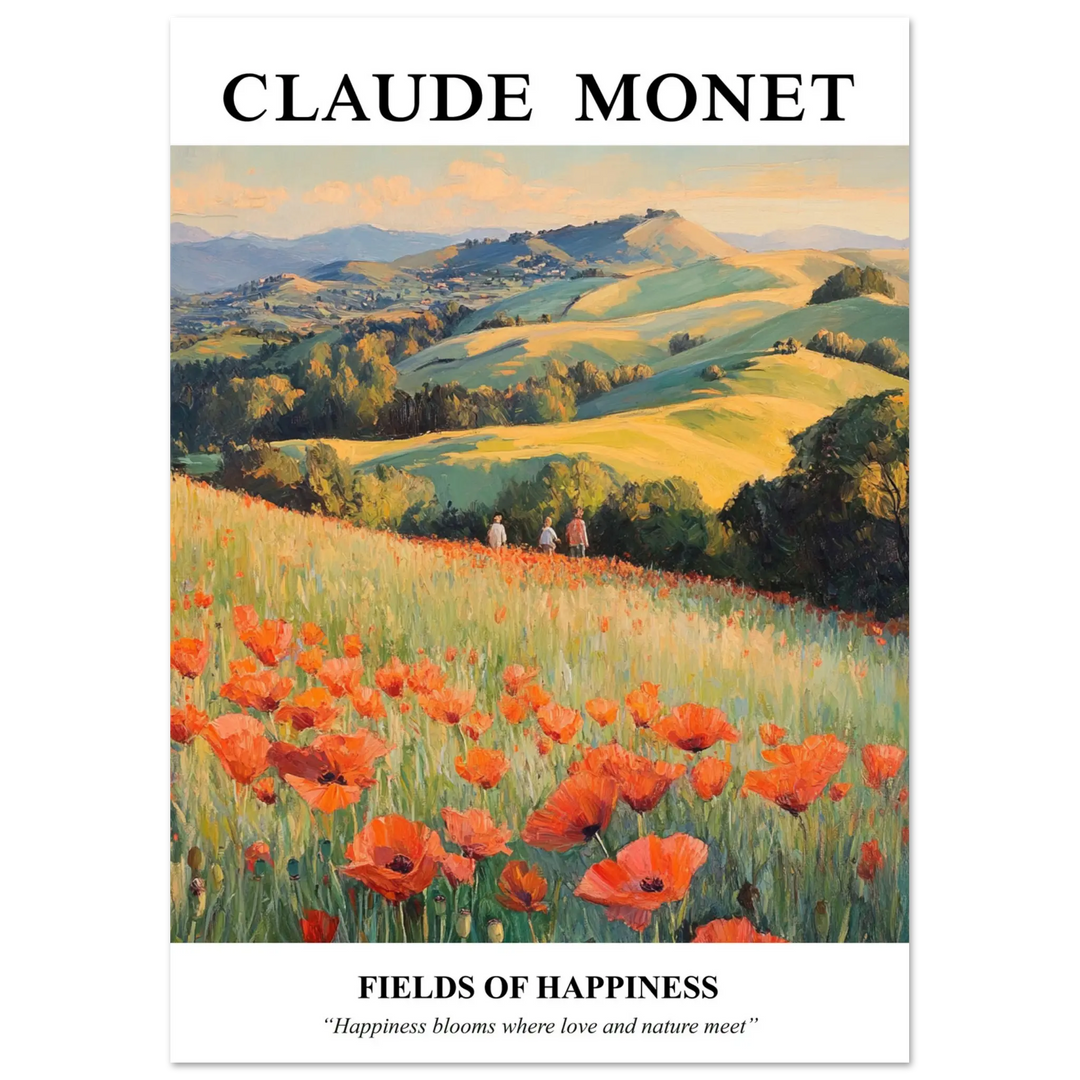 Beautiful Monet painting of poppy fields and rolling hills, perfect for art enthusiasts and home decoration.