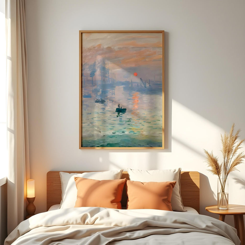 Claude Monet Impression, Sunrise framed and displayed in a tranquil bedroom setting with warm, soft lighting and natural decor.