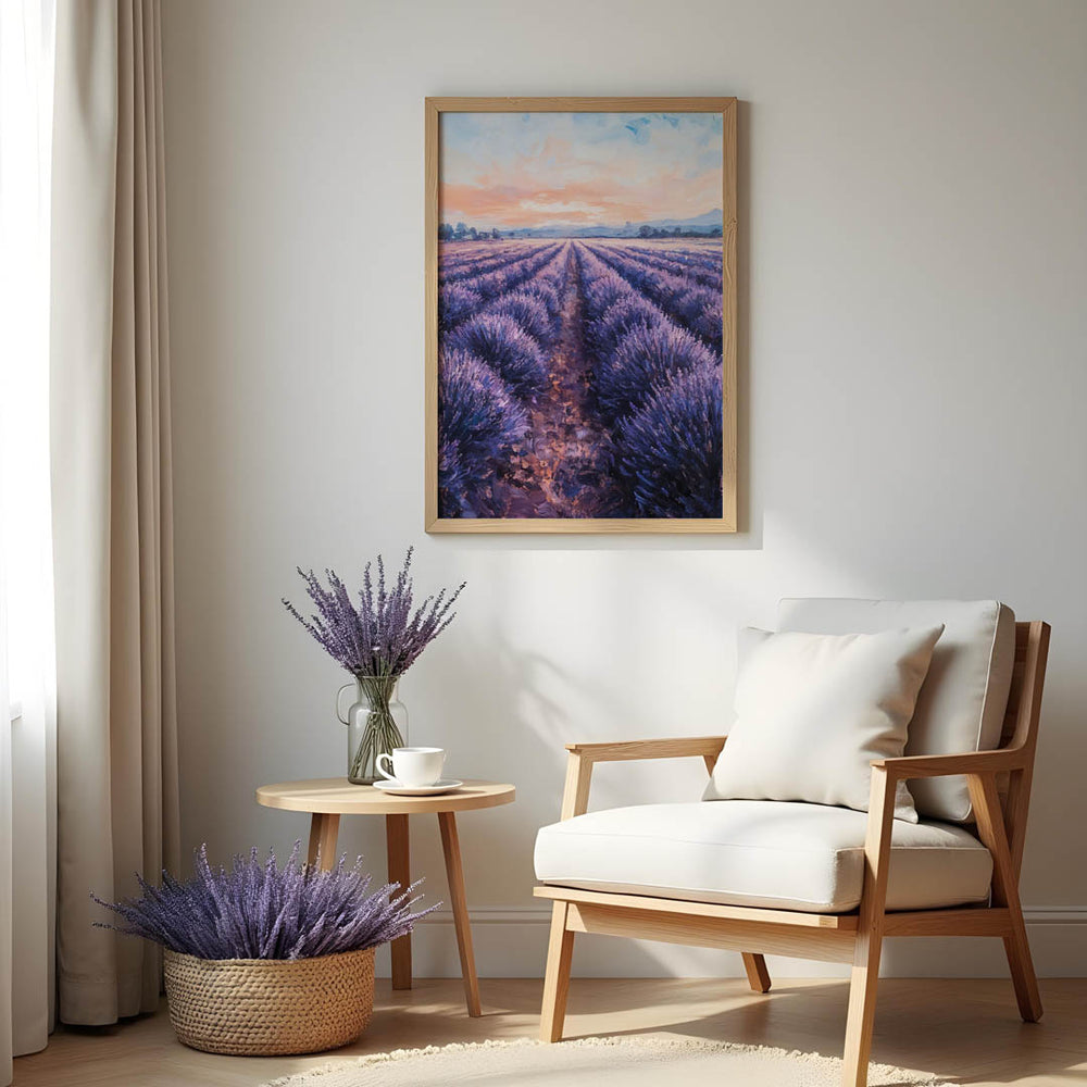 Claude Monet Lavender Fields at Sunset framed and displayed in a cozy relaxation corner with natural light.