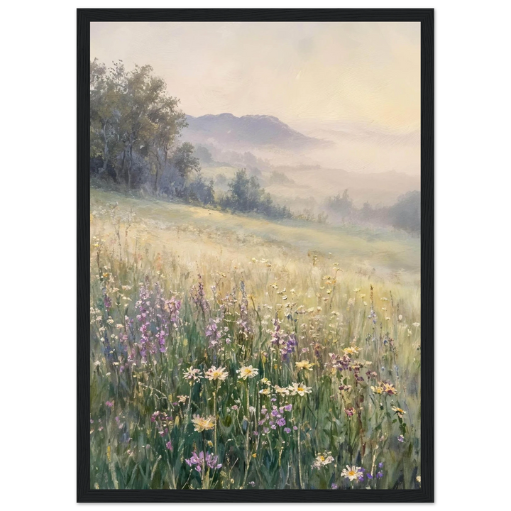 Claude Monet Meadow at Dawn in a modern black frame, perfect for contemporary spaces.