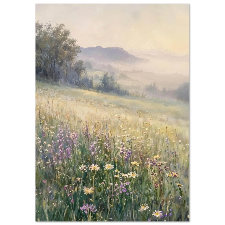 Claude Monet Meadow at Dawn as an unframed poster, showcasing soft golden light over a wildflower field.