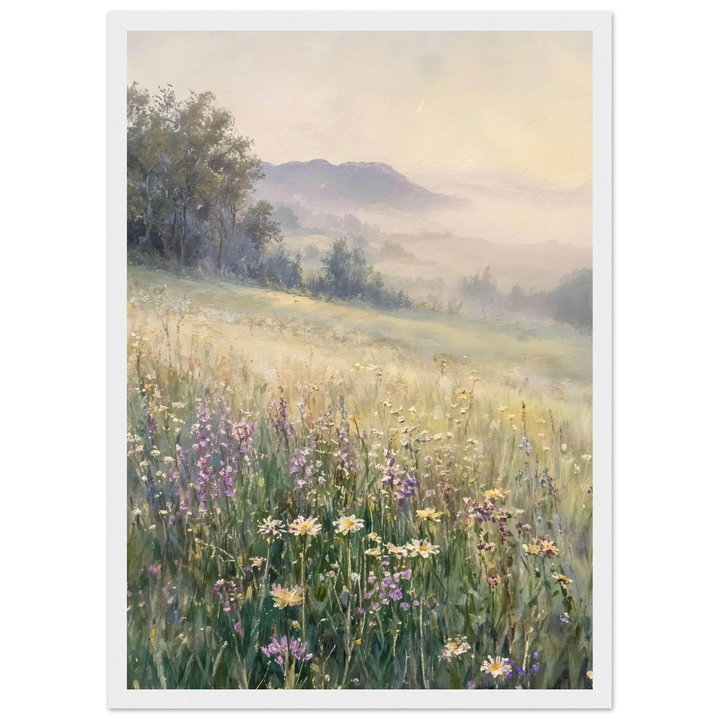 Claude Monet Meadow at Dawn in a sleek white frame, enhancing bright and airy interiors.