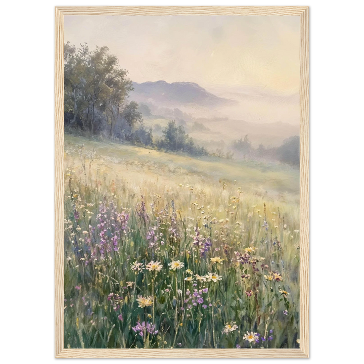 Claude Monet Meadow at Dawn in a warm wooden frame, adding a rustic touch to home decor.