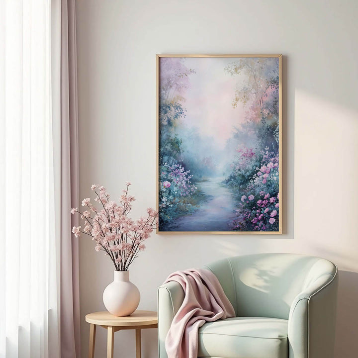 Claude Monet Path Through the Garden framed and displayed in a serene living space with pastel decor.