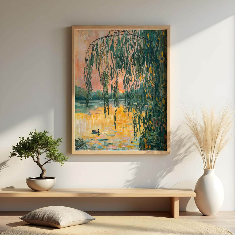 Claude Monet Sunset Over the Water Lilies framed and displayed in a minimal, serene space with soft lighting.