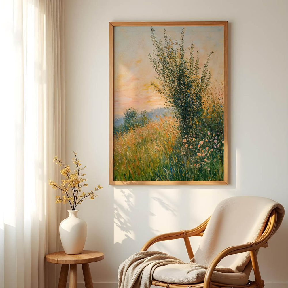 Claude Monet Sunset in a Wild Meadow framed and styled in a cozy reading nook with soft natural light.