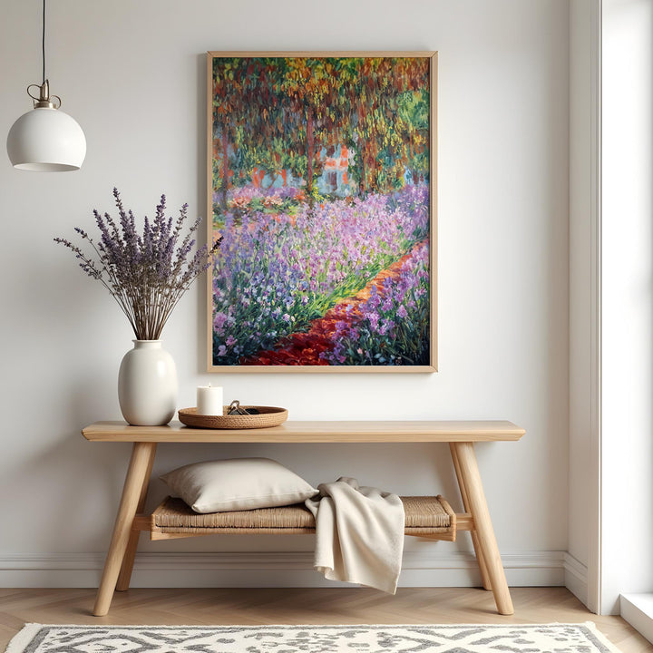 Claude Monet The Garden at Giverny framed and displayed in a minimalist space with soft lighting and lavender decor.