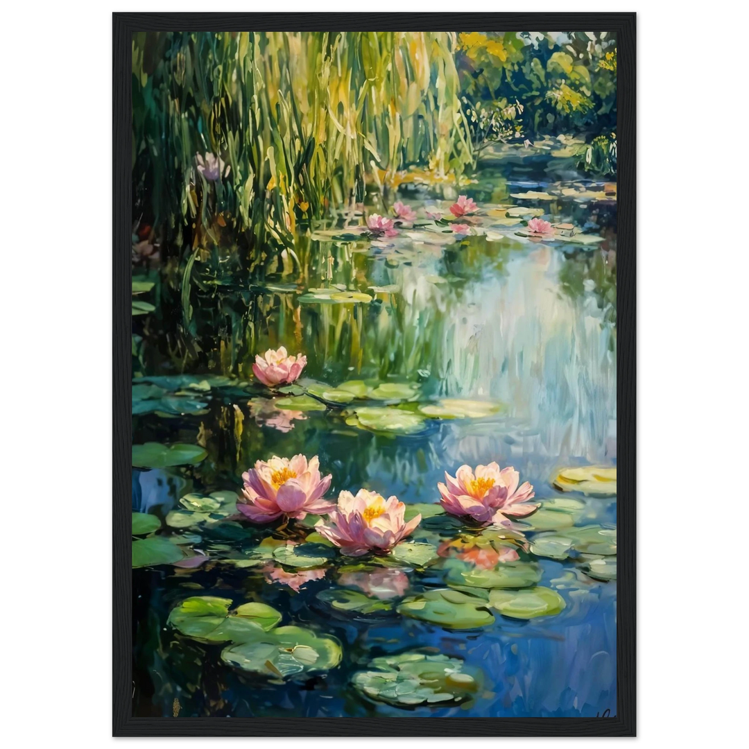 Claude Monet Tranquil Water Lilies in a modern black frame, ideal for lovers of timeless impressionist art.