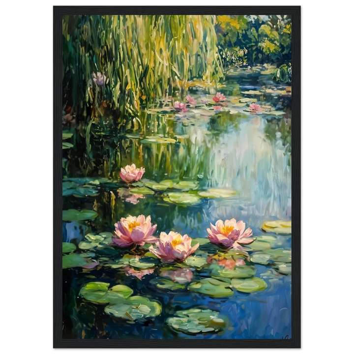 Claude Monet Tranquil Water Lilies in a modern black frame, ideal for lovers of timeless impressionist art.