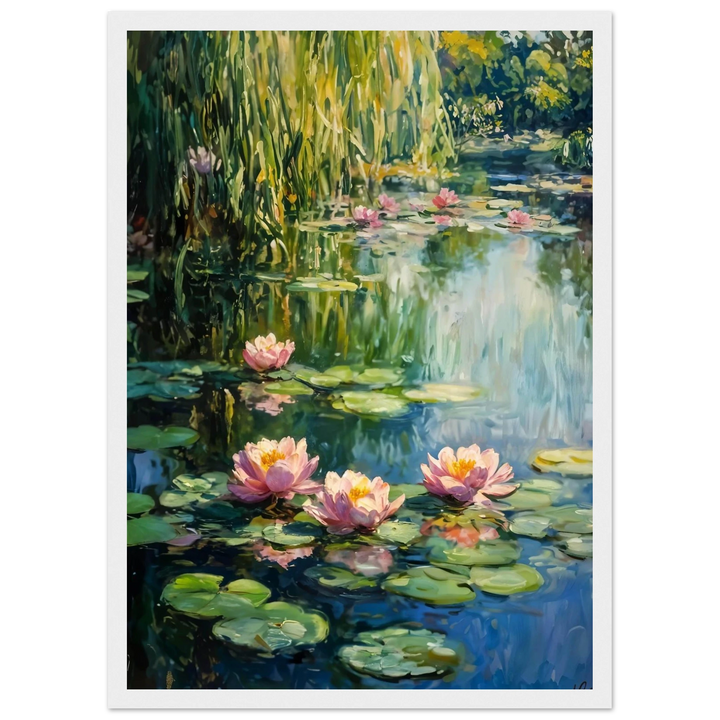 Claude Monet Tranquil Water Lilies in a sleek white frame, perfect for elegant and serene interiors.