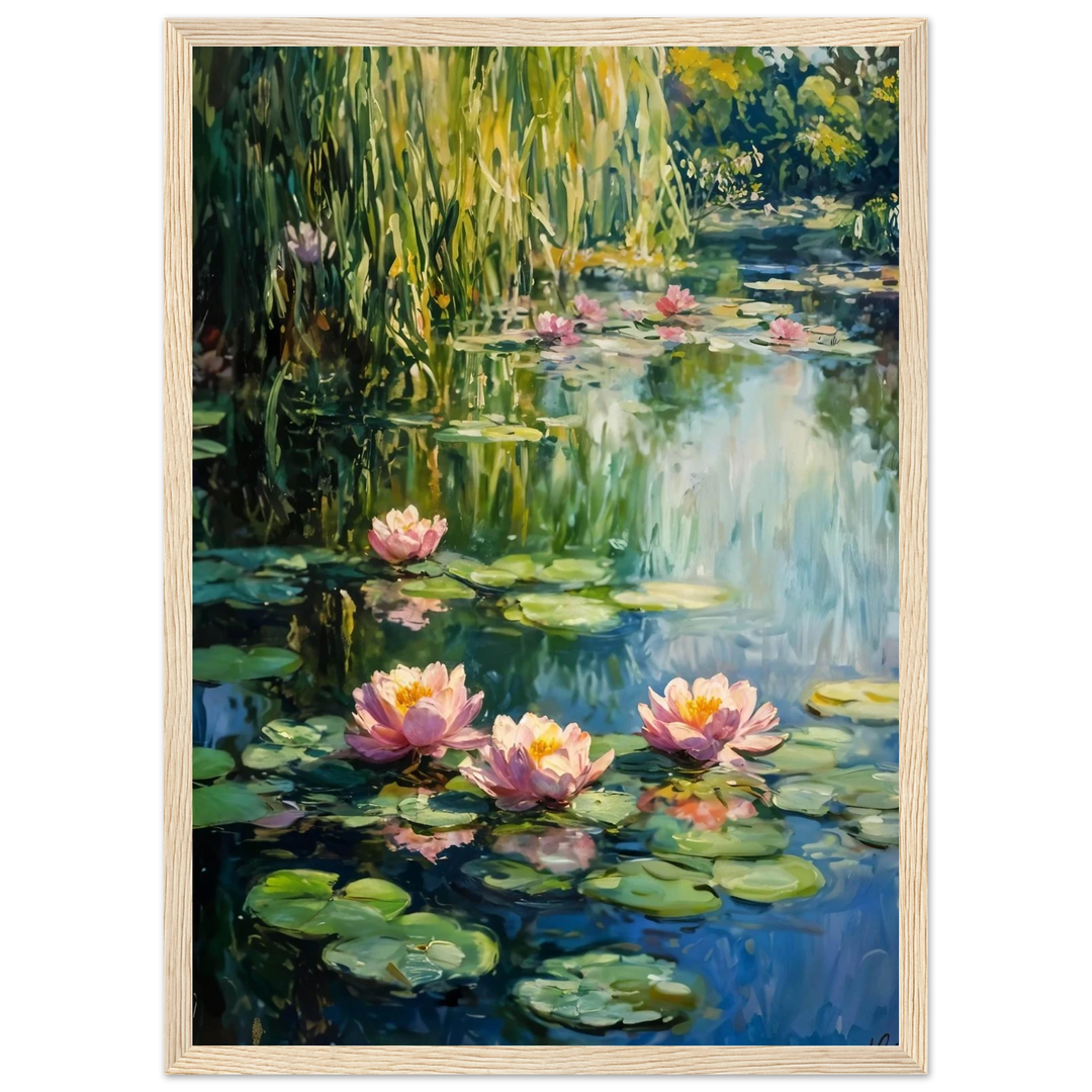 Claude Monet Tranquil Water Lilies in a warm wooden frame, adding a calming and natural touch to home decor.