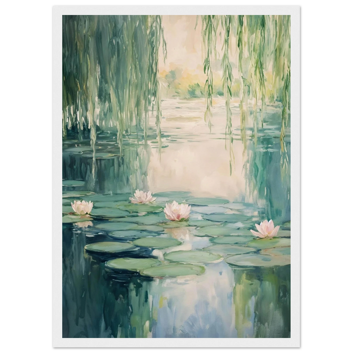 Claude Monet Water Lilies Reflections in a sleek white frame, perfect for bright and airy interiors.