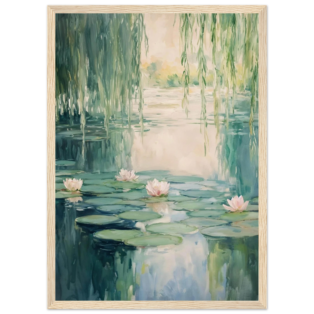 Claude Monet Water Lilies Reflections in a warm wooden frame, adding a peaceful touch to home decor.