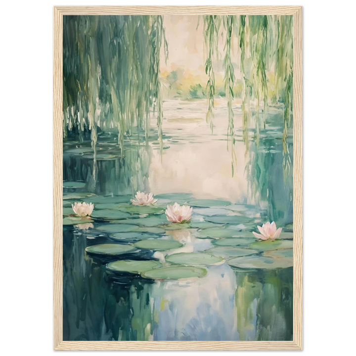 Claude Monet Water Lilies Reflections in a warm wooden frame, adding a peaceful touch to home decor.